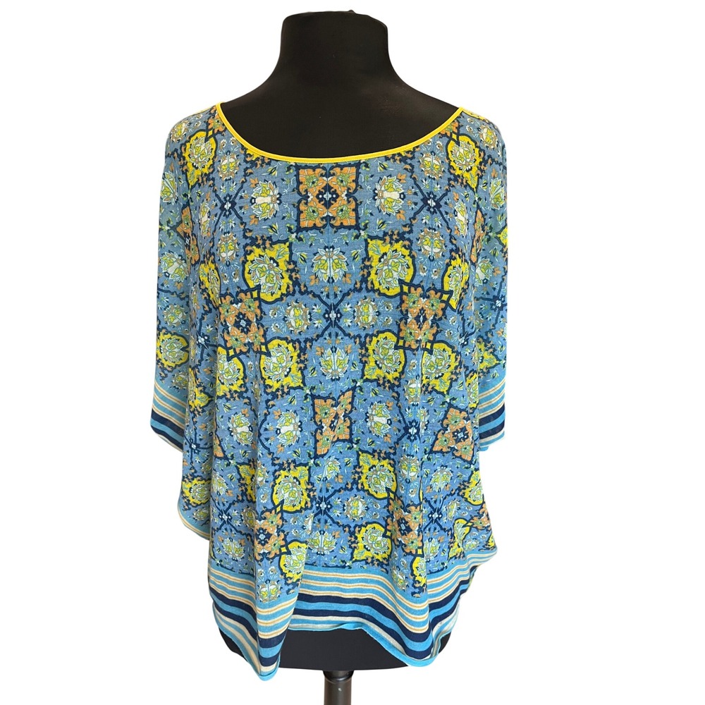 Clover Canyon Blue Yellow Kaleidoscope Tile Print Kaftan Kimono Top Blouse XS
